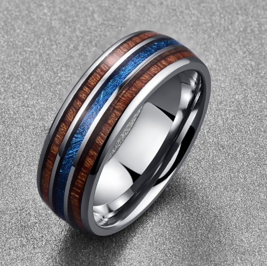 Anillo de acero inoxidable con madera natural y resina azul – diseño moderno y elegante