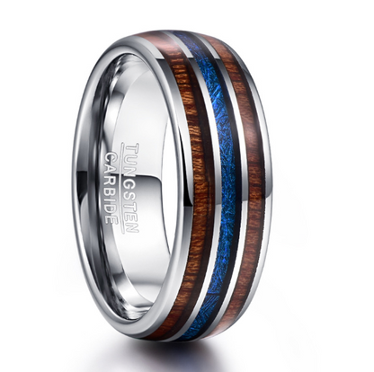 Anillo de acero inoxidable con madera natural y resina azul – diseño moderno y elegante